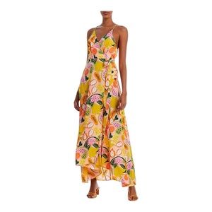 Aqua Wrap Front Fruit Print Maxi Dress
